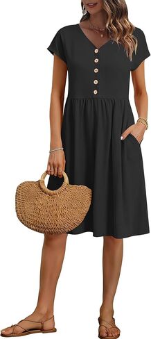 AUSELILY Women's Summer Short Sleeve Knee-Length Dresses V Neck Loose Causal Empire Dress with Pockets 2026 New in Saudi Arabia