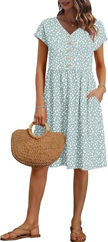 AUSELILY Women's Summer Short Sleeve Knee-Length Dresses V Neck Loose Causal Empire Dress with Pockets 2026 New in Saudi Arabia