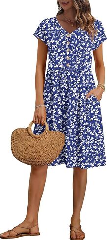 AUSELILY Women's Summer Short Sleeve Knee-Length Dresses V Neck Loose Causal Empire Dress with Pockets 2026 New in Saudi Arabia