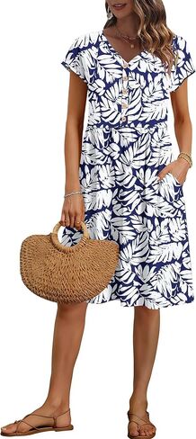 AUSELILY Women's Summer Short Sleeve Knee-Length Dresses V Neck Loose Causal Empire Dress with Pockets 2026 New in Saudi Arabia