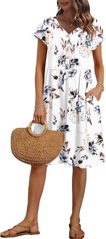 AUSELILY Women's Summer Short Sleeve Knee-Length Dresses V Neck Loose Causal Empire Dress with Pockets 2026 New in Saudi Arabia