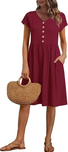 AUSELILY Women's Summer Short Sleeve Knee-Length Dresses V Neck Loose Causal Empire Dress with Pockets 2026 New in Saudi Arabia