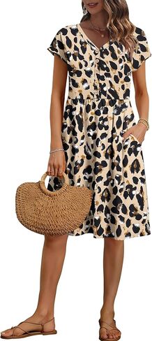 AUSELILY Women's Summer Short Sleeve Knee-Length Dresses V Neck Loose Causal Empire Dress with Pockets 2026 New in Saudi Arabia