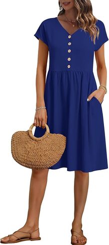 AUSELILY Women's Summer Short Sleeve Knee-Length Dresses V Neck Loose Causal Empire Dress with Pockets 2026 New in Saudi Arabia