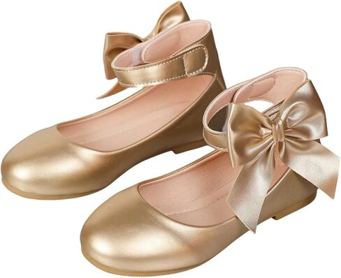 GORGLITTER Girl's Ballet Shoes Bow Gold Flat Sandals Metallic Ankle Strap Princess Dress Shoes Wedding Party Sandals in Saudi Arabia