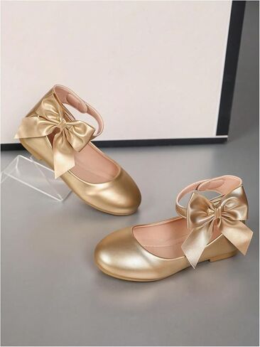 GORGLITTER Girl's Ballet Shoes Bow Gold Flat Sandals Metallic Ankle Strap Princess Dress Shoes Wedding Party Sandals in Saudi Arabia