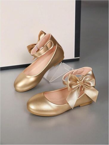 GORGLITTER Girl's Ballet Shoes Bow Gold Flat Sandals Metallic Ankle Strap Princess Dress Shoes Wedding Party Sandals in Saudi Arabia