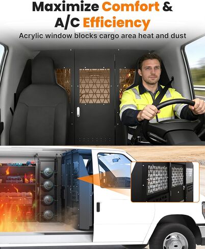 MELIPRON Van Partition Bulkhead Fit for Ford Econoline E150 E250 E350, Cargo Divider with Hinged Door & Acrylic Window, Van Interior Protection & Climate Control, Heavy Duty Steel, Black in Kuwait