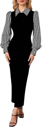 Women's Elegant Houndstooth Puff Sleeve Cocktail Dresses Collared Bodycon Maxi Business Casual Dress in Saudi Arabia