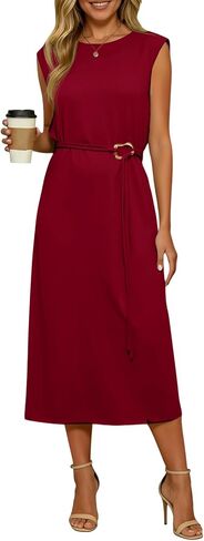 Wenrine Womens Sleeveless Midi Dress Summer Casual Belted Back Slit Elegant Flowy Tank Vacation Dresses in Saudi Arabia