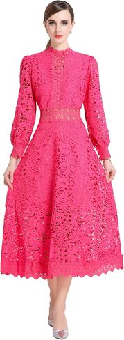 LAI MENG FIVE CATS Women's Puff Long Sleeve Crew Neck Hollow A Line Empire Waist Cocktail Flowy Maxi Dress in Kuwait