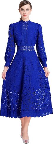 LAI MENG FIVE CATS Women's Puff Long Sleeve Crew Neck Hollow A Line Empire Waist Cocktail Flowy Maxi Dress in Saudi Arabia
