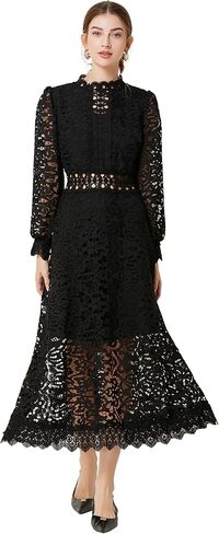 LAI MENG FIVE CATS Women's Puff Long Sleeve Crew Neck Hollow A Line Empire Waist Cocktail Flowy Maxi Dress in Saudi Arabia
