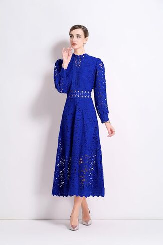 LAI MENG FIVE CATS Women's Puff Long Sleeve Crew Neck Hollow A Line Empire Waist Cocktail Flowy Maxi Dress in Saudi Arabia