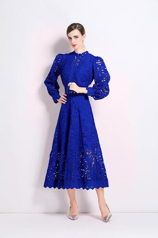 LAI MENG FIVE CATS Women's Puff Long Sleeve Crew Neck Hollow A Line Empire Waist Cocktail Flowy Maxi Dress in Saudi Arabia