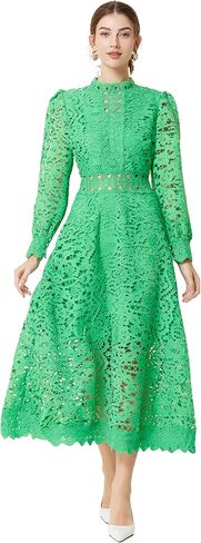 LAI MENG FIVE CATS Women's Puff Long Sleeve Crew Neck Hollow A Line Empire Waist Cocktail Flowy Maxi Dress in Saudi Arabia