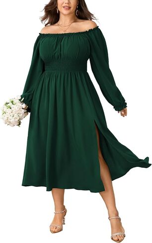 Plus Size Maxi Fall Wedding Guest Dress for Curvy Women Long Sleeve Smocked Formal Cocktail Party Dresses Slit in Kuwait