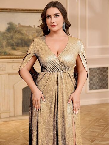فستان CYCLAMEN طويل رسمي لامع بمقاس كبير وأكمام على شكل حرف V وفتحة جانبية وحفلات الكوكتيل وحفلات الزفاف وحفلات السهرة، ذهبي وأسود، 3X in Kuwait