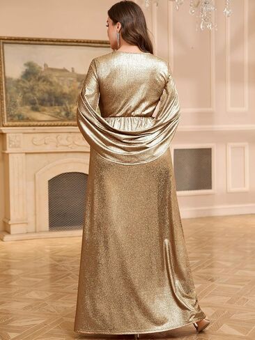 فستان CYCLAMEN طويل رسمي لامع بمقاس كبير وأكمام على شكل حرف V وفتحة جانبية وحفلات الكوكتيل وحفلات الزفاف وحفلات السهرة، ذهبي وأسود، 3X in Kuwait