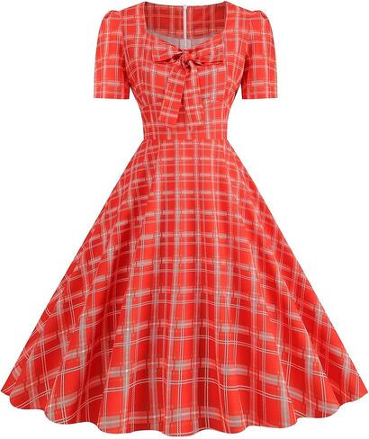 Wellwits Women's Bow Front Plaid Print Cocktail Vintage Summer Dress in Kuwait