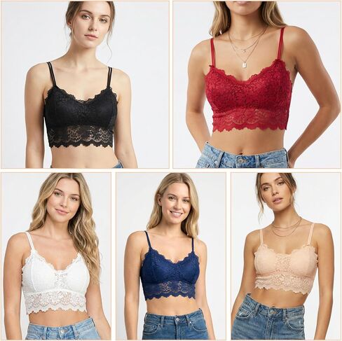 5Pcs Lace Bralette Set Removable Padded - Soft Stretch lace Bralettes for Women - Black White Beige Wireless Bralette (Red，Blue， Black, Beige, White) in Saudi Arabia