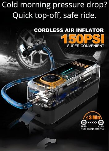 Portable Tire Inflator for Car– Tire Inflator Portable Air Compressor, 150 PSI Tire Air Pump with Auto Shut Off, Digital Gauge and LED Light for Car, Motorcycle and Bike in Saudi Arabia