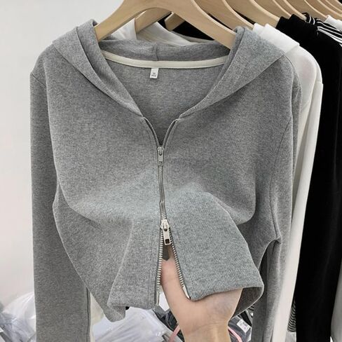 Women's Cropped Zip Up Cardigan Sweater Y2K Fitted Ribbed Hoodie with Double Zipper Short Streetwear Top in Saudi Arabia