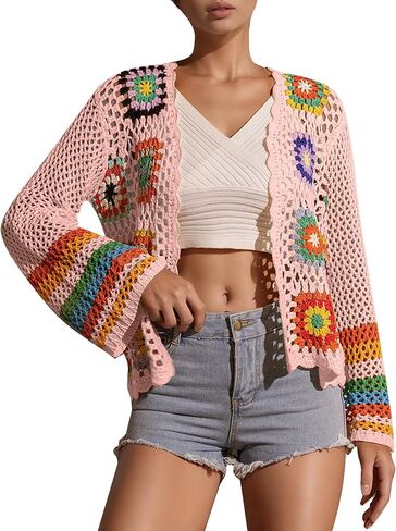 YKR Womens Colorful Floral Crochet Cardigans Bohemian Open Front Color Block Loose Cardigan Sweaters in Kuwait