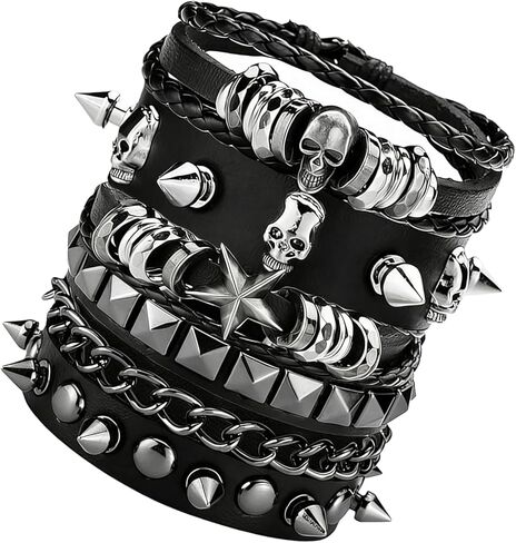 مجموعة أساور قوطية مكونة من 4 قطع للرجال والنساء، أساور جلدية مرصعة بأحجار البانك روك، ملابس الروك في الثمانينيات للرجال والنساء، مجوهرات الروك الرجعية للجنسين in Kuwait