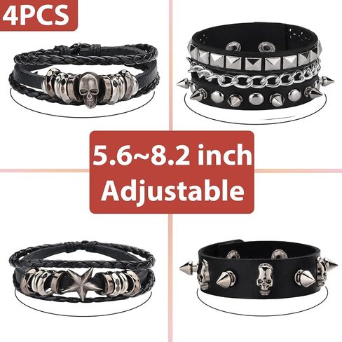 مجموعة أساور قوطية مكونة من 4 قطع للرجال والنساء، أساور جلدية مرصعة بأحجار البانك روك، ملابس الروك في الثمانينيات للرجال والنساء، مجوهرات الروك الرجعية للجنسين in Kuwait