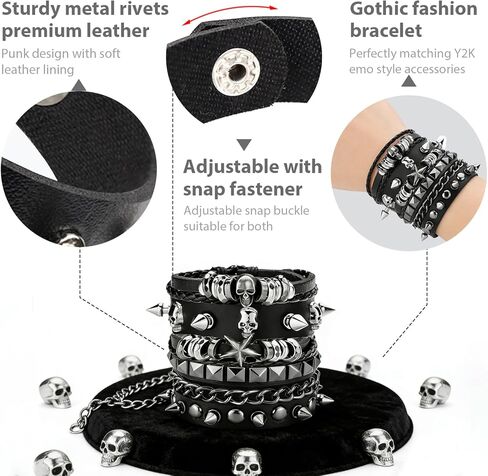 مجموعة أساور قوطية مكونة من 4 قطع للرجال والنساء، أساور جلدية مرصعة بأحجار البانك روك، ملابس الروك في الثمانينيات للرجال والنساء، مجوهرات الروك الرجعية للجنسين in Kuwait