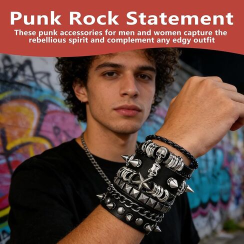 مجموعة أساور قوطية مكونة من 4 قطع للرجال والنساء، أساور جلدية مرصعة بأحجار البانك روك، ملابس الروك في الثمانينيات للرجال والنساء، مجوهرات الروك الرجعية للجنسين in Kuwait
