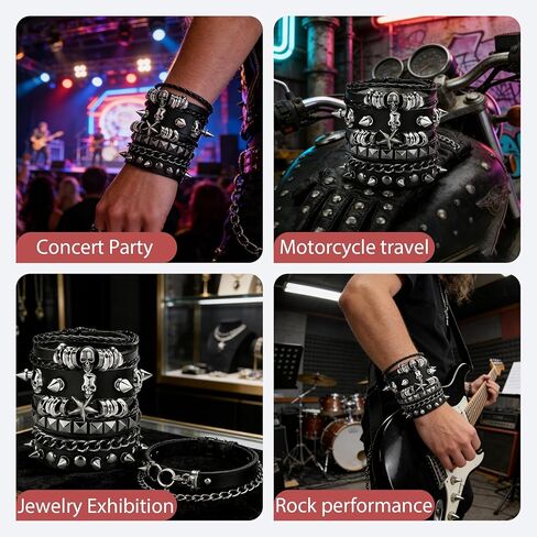 مجموعة أساور قوطية مكونة من 4 قطع للرجال والنساء، أساور جلدية مرصعة بأحجار البانك روك، ملابس الروك في الثمانينيات للرجال والنساء، مجوهرات الروك الرجعية للجنسين in Kuwait
