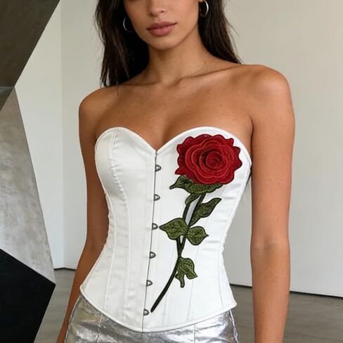 Women's Satin Overbust Corset, 3D Rose Embroidery Bustier, Lace-Up Back Shapewear, for Waist Shaping, Daily Styling White in Saudi Arabia