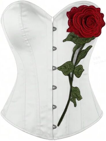 Women's Satin Overbust Corset, 3D Rose Embroidery Bustier, Lace-Up Back Shapewear, for Waist Shaping, Daily Styling White in Saudi Arabia