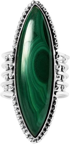 PHNX Elegant and Stunning Large Marquise Cut Natural Malachite 925 Sterling Silver Ring Design For Women - Handmade Bohemian Knuckle Ring for Women in Saudi Arabia