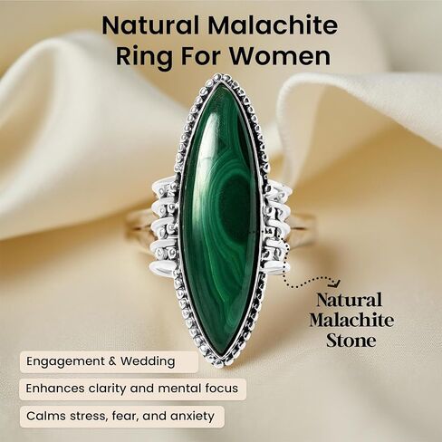 PHNX Elegant and Stunning Large Marquise Cut Natural Malachite 925 Sterling Silver Ring Design For Women - Handmade Bohemian Knuckle Ring for Women in Saudi Arabia