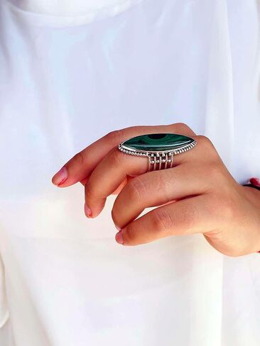 PHNX Elegant and Stunning Large Marquise Cut Natural Malachite 925 Sterling Silver Ring Design For Women - Handmade Bohemian Knuckle Ring for Women in Saudi Arabia