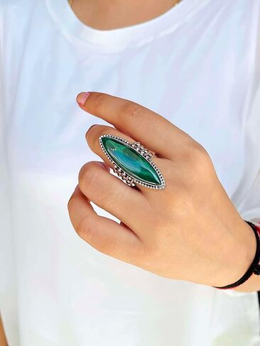 PHNX Elegant and Stunning Large Marquise Cut Natural Malachite 925 Sterling Silver Ring Design For Women - Handmade Bohemian Knuckle Ring for Women in Saudi Arabia