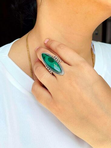 PHNX Elegant and Stunning Large Marquise Cut Natural Malachite 925 Sterling Silver Ring Design For Women - Handmade Bohemian Knuckle Ring for Women in Saudi Arabia