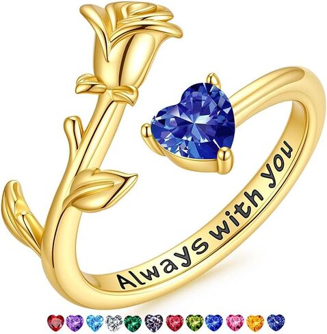 M MOOHAM Easter Gifts for Girls Kids Easter Basket Stuffers - Adjustable 14K Gold Plated Heart Birthstone Ring Dainty Rose Rings Non Tarnish Birthstone Jewelry Birthday Gifts for Women Teen Girls in Kuwait