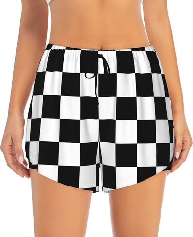 Women's Workout Shorts 2 in 1 Black White Race Checkered Flag Pattern Running Athletic Gym Yoga Shorts with Pockets in Saudi Arabia