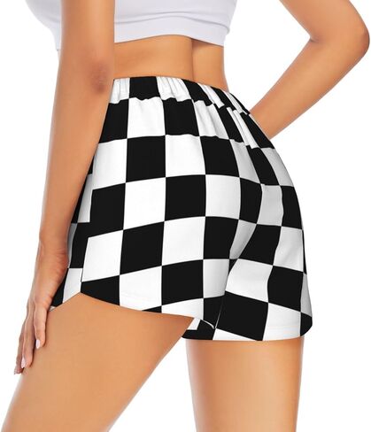 Women's Workout Shorts 2 in 1 Black White Race Checkered Flag Pattern Running Athletic Gym Yoga Shorts with Pockets in Saudi Arabia