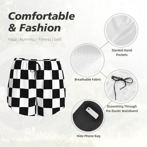 Women's Workout Shorts 2 in 1 Black White Race Checkered Flag Pattern Running Athletic Gym Yoga Shorts with Pockets in Saudi Arabia