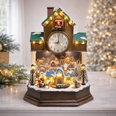 MOMENTS IN TIME 17.1" H Christmas Decor Cuckoo Clock with Christmas Village Scene, with LED Lights, Christmas Music, and Animation - Power Adapter (included) in Kuwait