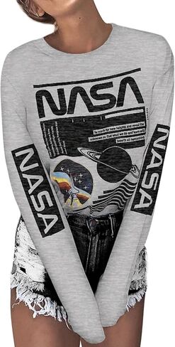 WLLW Women Long Sleeve Graphic Shirts NASA Letter Print Crew Neck Tee Tops Blouse Sweatshirts in Kuwait