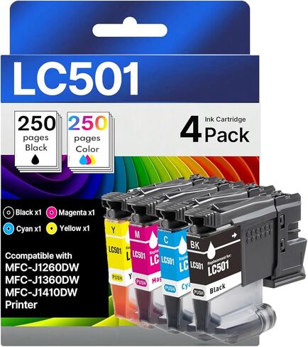خراطيش حبر LC501XL LC501 لخراطيش حبر Brother LC501 بديلة لخراطيش حبر Brother LC501 LC-501 للاستخدام مع طابعات WorkSmart MFC-J1260DW MFC-J1360DW MFC-J1410DW (Bk/C/Ma/Y، 4 عبوات) in Kuwait