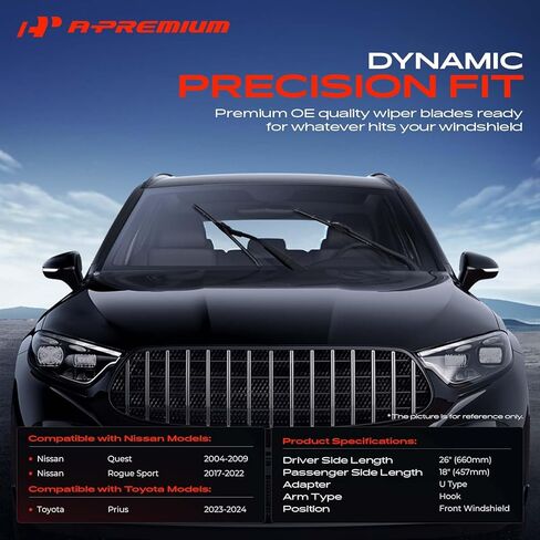 شفرات ممسحة الزجاج الأمامي A-Premium 28"+18" متوافقة مع Nissan Rogue Sport 2017-2022، Quest 2004-2009 وToyota Prius 2023-2024 - موصل خطافي، مع مؤشر التآكل ومنشفة (عبوة من قطعتين) in Saudi Arabia