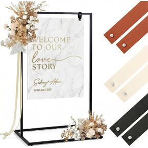 Wedding Welcome Sign Stand, 50" Standard Height - Black Metal Sign Holder with 6 Leather Straps, Easel Stand for Seating Charts & Event Décor in Saudi Arabia
