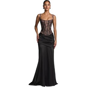 Floral Lace Prom Dresses for Womens Satin Mermaid Corset Spaghetti Straps Long Formal Wedding Guest Dress in Kuwait